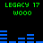 Green text 'LEGACY 17' and 'WOOO' repeated above blue horizontal bars on black background, with visible animation changes in bar heights.