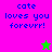 Pixelated text 'cate loves you forevrr!' in blue on pink and green backgrounds with a star symbol.