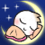 A cartoon character with white hair and closed eyes rests on a crescent moon against a dark blue starry background, wearing a beige top with pink trim.