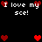 Pixel art displays "I love my sce!" text with red hearts on black background, featuring static and animated heart arrangements.