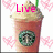 A Starbucks drink with pink text overlays and heart patterns on a white background.