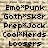 Pixelated text on a textured background lists subculture terms and exclamation-laden phrases in black block letters.