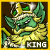 Pixelated green and yellow cartoon character with large eyes, wearing a crown-like headpiece, standing against dark background with text "KING" at bottom right.