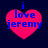 Four identical pink heart-shaped icons with blue text "i love jeremy" on a dark background, each showing slight variations in pixelation and blur.