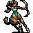 Pixel art of a female figure with dark hair in pigtails, wearing a blue and green top and orange-brown patterned lower body, holding a curved bow.