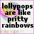A static image of a colorful lollipop with text overlay stating "lollipops are like pritty rainbows that you can eat" on a white background.
