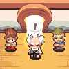 Pixel art scene with three characters: a brown-haired figure, an elderly man with white hair and beard holding a staff, and a green-haired character in blue shirt; background features arched doorway and distant landscape.