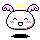 Pixelated white circular character with pink bunny ears, yellow halo, and red blush marks in nine positions showing varied facial expressions