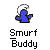 Pixelated Smurf character icon with blue body, white hat, and black outline on gray background, below which is stylized text reading "Smurf Buddy" in pixel font.