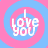 A 3-frame animated contact sheet showing a pixelated 'I love you' text design with alternating pink and blue spiral backgrounds in each frame.