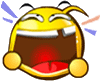 Yellow cartoon face with closed eyes, wide open mouth showing teeth, and circular cheeks, surrounded by blue and orange motion lines.
