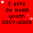 Red background with black text reading "I elite da bomb youth 2007-2008" and white/pink star animations