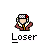 Pixelated character with checkered helmet and red flower, wearing maroon jacket over white shirt with yellow tie, standing against gray background with 'Loser' text below.