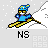 Pixelated character in blue robe and hat skis down snowy slope with yellow ski poles, repeating motion