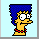 Pixelated cartoon character with blue hair and yellow skin, wearing red checkered necklace, shown in two side-by-side frames with differing facial expressions.