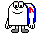 Pixelated character with white body, blue shoulder accents, red chest mark, and gray feet in multiple poses.