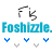 Pixelated blue text 'Foshizzle.' with gray and black stylized 'FS' above, alternating blue and gray chevron symbols below on white background.