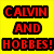 Yellow background with red text 'CALVIN AND HOBBES!' and a cartoon character holding another character.