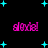 Black background with cyan star shapes and pink text reading 'dexter' in four positions, each with slight variations in spacing and star placement.