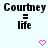 Pixelated text displays 'Courtney' above '=' and 'life', with two pink heart icons below on a light background.