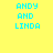 Yellow background with cyan text reading "ANDY AND LINDA" in pixelated font, displayed across four with alternating light purple rectangular overlays