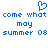 Blue pixelated text and heart symbol on white background, repeating 'come what may summer 08' with mirrored layout.