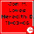 Red square icon with black text reading "Jon M. Loves Meredith D. 11-03-06" and a white Pac-Man-like symbol in the bottom-right corner.