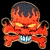 A pixelated orange demon-like figure with glowing yellow eyes and a wide grin showing sharp teeth, set against a black background on the left side of the image.