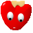 Red heart-shaped icon with large white eyes, black pupils, and a small white mouth, topped with a light brown stem and green leaf on a gray background.