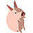 Pixelated pink pig with brown accents, two horns, and a small tail, facing right against a gray background.