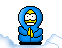 Pixelated character in blue hooded coat with yellow zipper, white face, yellow hair, and black pants, standing on clouds against gray background.