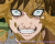 Pixelated anime-style character with brown hair and blue eyes, showing a wide toothy grin across three