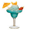 A blue cocktail in a stemmed glass with a white foam top, garnished with a yellow umbrella, orange slices, and a red strawberry.