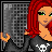 Animated contact sheet of a cartoon woman with red hair holding flames, wearing a black shirt with white skull logo, against gray grid background.