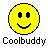 A contact sheet of seven pixelated yellow smiley face icons arranged in a 3x3 grid with one empty space, each displaying different facial expressions and labeled "Coolbuddy" below.