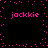 Pixelated pink text 'jackie' repeated four times on a black background with scattered pink dots forming a border.