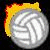 Pixelated volleyball icon with fiery border and "Volley Ball" text on dark background, animated flames at bottom.