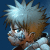 Pixelated anime-style character with spiky white hair and brown highlights, blue eyes, light skin, wearing a dark top against solid blue background.