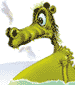 Animated green crocodile-like creature with large eyes and a long snout, partially submerged in water, displaying sequential mouth and eye movements.