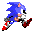 Six pixelated Sonic the Hedgehog frames show running motion with blue fur, red shoes, white gloves, and pink cheeks against a gray background.