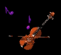 Animated sequence of a brown cello with purple musical notes floating around it against black background.