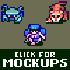 Pixel art character icons with crab-like creatures and a blue-haired figure, displayed in two above dark green text reading "CLICK FOR MOCKUPS" on a brown background