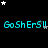 Pixelated cyan text "GoShErS!!" repeats across a black background with scattered white and gray stars, partially obscured by a gray rectangle.