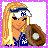 Pixel art contact sheet showing a softball player character with blonde hair, visor, and glove across two blue text panels reading "Pretty in Pink" and "Wicked in Uniform" on a purple dotted border.