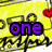 Yellow background with red hearts and black scribbles; purple 'one', blue 'love...', pink 'music', and pink '<3' text elements appear sequentially.