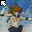 Pixelated character with brown hair and white top, dark shorts, holding black object, against blue sky with white clouds, cursor icon in top-left corner.