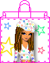 Pixelated cartoon character in white outfit with colorful dots, wearing matching headband and star-shaped accessories on a shopping bag background.