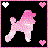 Pixelated pink poodle on black background with heart symbols in corners, animated change of white and pink hearts.