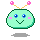 Pixelated green character with blue eyes, pink cheeks, and yellow antennae topped with pink flowers; four variations show subtle facial expression changes.