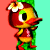 Pixelated character with red head, yellow face, green hat, and red beak against split red and cyan background.